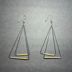 Boho Art Deco Black & Gold Tone Double Wired Triangle Dangle Drop Earrings 3.25"